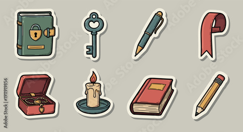 A collection of stationery items including a lock, key, pen, candle, and notebook in colorful flat vector style, ideal for creative projects and educational materials