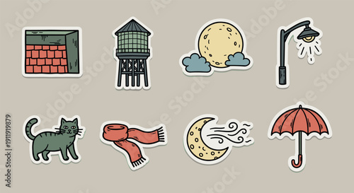 A collection of playful vector stickers featuring a cat, water tower, moon, clouds, street lamp, umbrella, and scarf in a whimsical style, suitable for creative projects and urban themes
