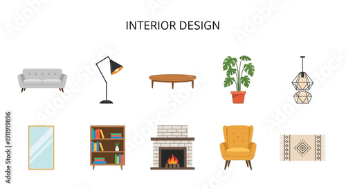 Interior design elements displayed with a light gray sofa floor lamp table plant and light fixture