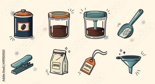A collection of coffee-related items including canister, jars, scoop, and zipper bags in a colorful flat vector style, suitable for food and beverage branding
