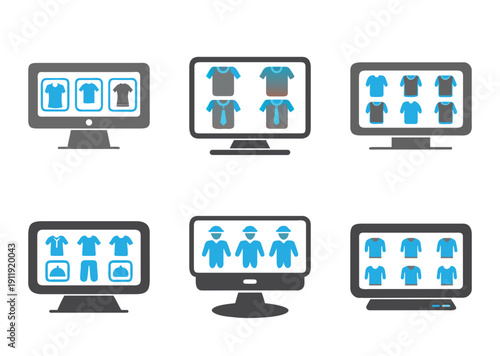 Online clothing store interface displayed on computer monitors in various formats