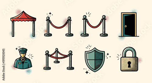 A collection of security-themed icons including a police officer, barrier, shield, lock, and door in flat vector style, suitable for event management and safety projects