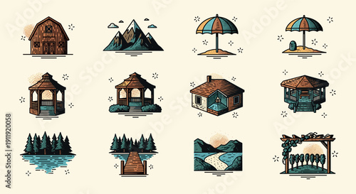 A collection of rustic cabin and outdoor icons featuring mountains, lakes, and various house styles in vintage vector illustration style, perfect for travel and adventure themes