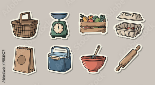 A collection of kitchen and cooking-related items including a basket, scale, and various containers in colorful flat vector style, ideal for culinary design projects