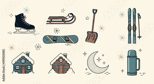 A collection of winter-themed icons including ice skates, sled, snow shovel, ski poles, cozy cabins, and a thermos in flat vector style, perfect for seasonal design projects