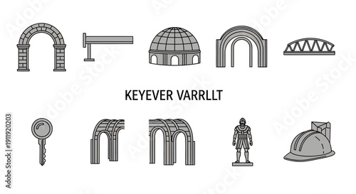 Ten gray lineart icons depicting architectural elements a key a statue and a hard hat