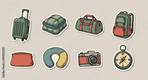 A collection of travel-related icons including luggage, backpacks, a camera, and a compass in colorful flat vector style, perfect for travel blogs and websites
