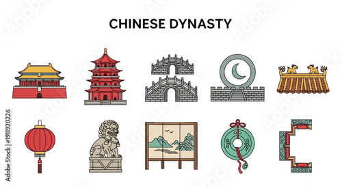 Ten flatdesign icons representing Chinese Dynasty culture and architecture