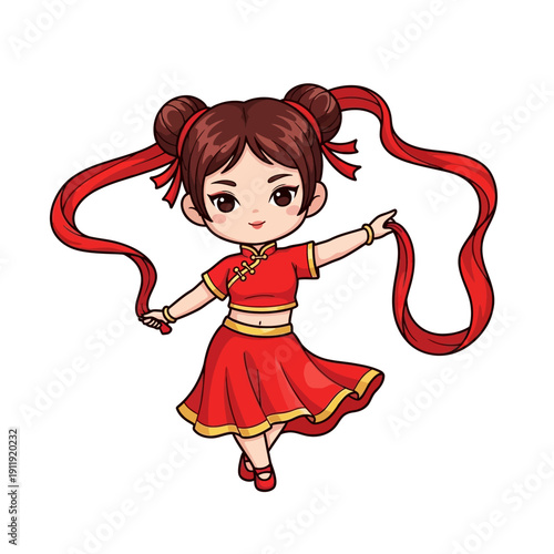 A beautiful smiling woman and a happy child in fashion red dresses enjoy a fun Christmas in this colorful cartoon vector art illustration