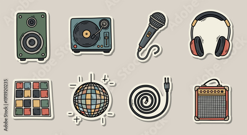 A collection of music-themed icons including speakers, turntable, microphone, and headphones in a colorful flat vector style, perfect for creative projects and branding