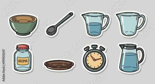 A collection of kitchen utensils including a bowl, spoon, cups, and timer in colorful flat vector style, ideal for culinary design projects