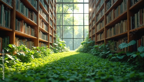 Cozy library with full bookshelves and lush green plants growing indoors. Large windows provide natural sunlight illuminating the peaceful reading space.