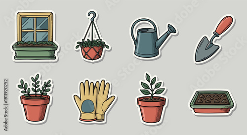 A collection of gardening elements including potted plants, a watering can, gloves, a trowel, and a window in colorful vector style, perfect for gardening and home decor projects