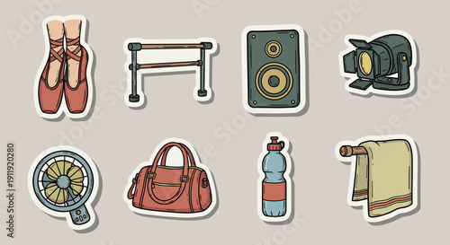 A collection of colorful stickers featuring ballet shoes, a handbag, a speaker, a fan, a water bottle, and a towel in playful vector style, ideal for lifestyle and fashion branding