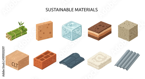 Ten isometric illustrations of sustainable building materials displayed in two rows
