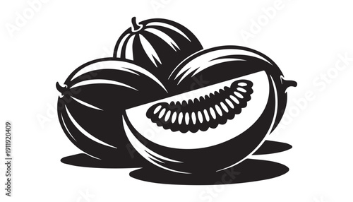 black color Cantaloupe fruits set of silhouette vector illustration, solid white background