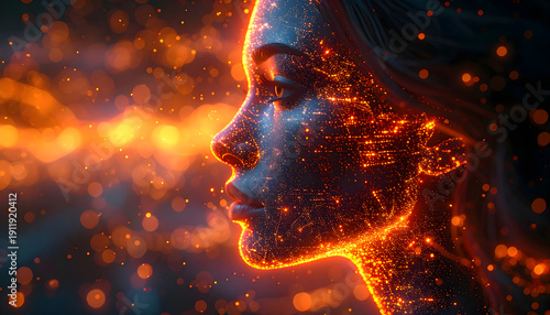 Digital human profile with glowing data particles and bokeh lights for artificial intelligence and connection concept