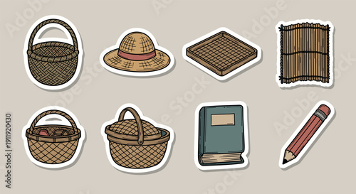 A collection of woven baskets, a straw hat, a notebook, a mat, and a pencil in a colorful illustrated style, perfect for craft and handmade projects