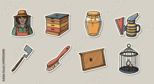A collection of farm-themed vector stickers featuring a gardener, honey jar, wooden boxes, and various gardening tools in a colorful and playful style