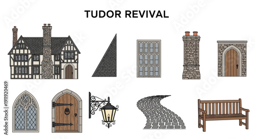 Tudor Revival architectural elements displayed as illustrations on a white background