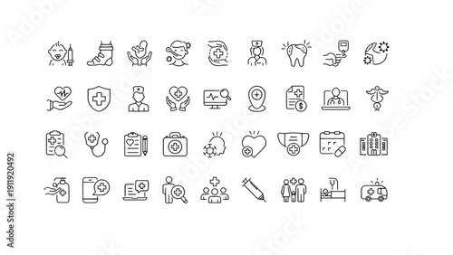 A clean outline icon set featuring business, office, and corporate related symbols.