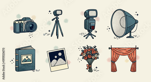 A collection of photography-related icons including cameras, tripods, lighting equipment, and decorative elements in colorful flat vector style, ideal for creative projects.