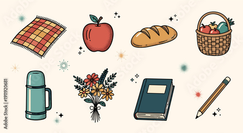 A collection of picnic-themed items including an apple, a loaf of bread, a thermos, and a checkered blanket in colorful vector style, perfect for outdoor dining designs