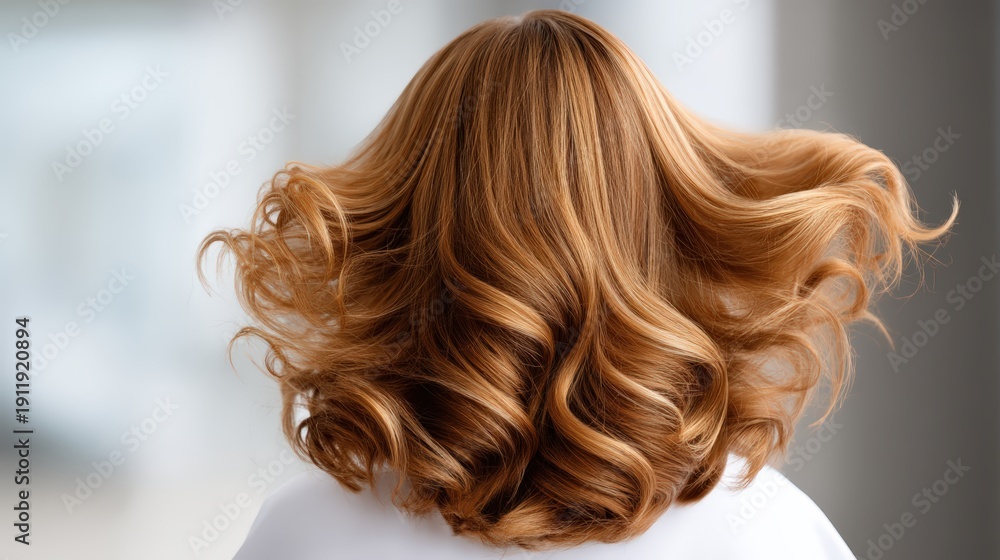 Fototapeta premium A beautiful view of a woman's flowing, wavy hair from the back, showcasing rich, golden tones and lively movement.