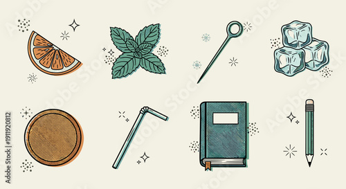 A collection of beverage-related elements including an orange slice, mint leaves, straw, ice cubes, notebook, and pencil in colorful vintage vector style, ideal for food and drink design projects