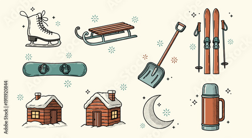 A collection of winter sports icons including skis, a snowboard, ice skates, a sled, a cabin, and a thermos in flat vector style, perfect for seasonal designs and outdoor activity themes