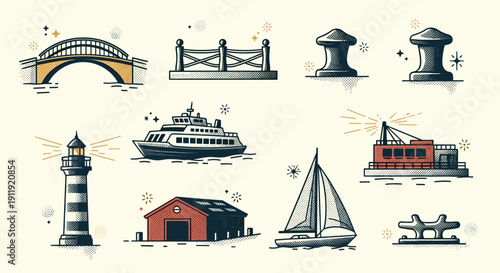 A collection of nautical-themed illustrations including a lighthouse, bridge, ferry, and sailboat in vintage vector style, ideal for maritime design projects