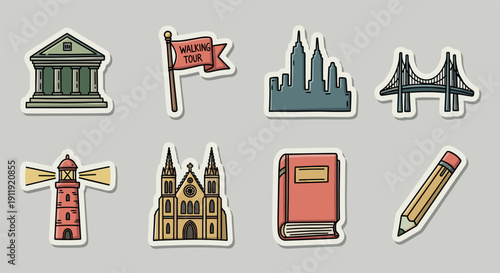 A set of travel-themed icons including a lighthouse, bridge, book, and pencil in flat colorful vector style, perfect for tourism and educational projects