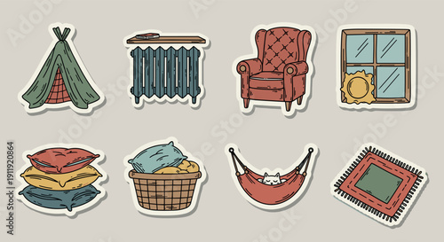 A collection of cozy home elements including a tent, cushions, a hammock, and an armchair in colorful vector style, perfect for interior design projects