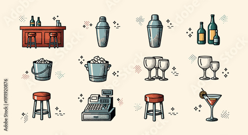 A collection of bar elements including stools, drinks, and a cash register in modern vector style, ideal for hospitality design