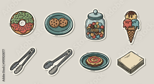 A collection of dessert icons featuring donuts, cookies, ice cream, and candy jars in colorful flat vector style, ideal for food-related projects