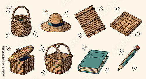 A collection of wicker baskets, hats, books, and stationery items in a flat modern vector style, perfect for crafting and design projects