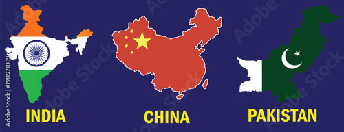 Detailed Geographic Map Outlines of India, China, and Pakistan with National Flag Designs on Navy Blue Background.