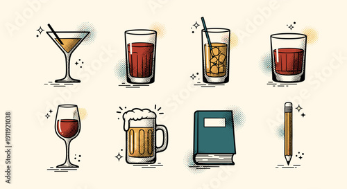A collection of cocktail, beer, and soft drink icons in flat modern vector style, ideal for bar menus and beverage branding
