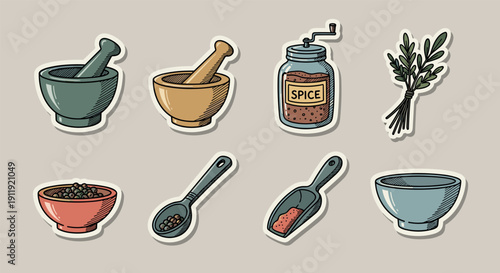 A set of spice bowls, mortar and pestle, and herbs in colorful vector style, ideal for culinary design projects