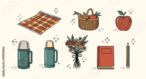 A collection of picnic-themed items including a blanket, basket, flowers, thermos, apple, notebook, and pencil in a colorful hand-drawn vector style, perfect for outdoor leisure and lifestyle designs