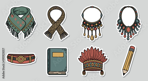 A set of decorative accessories stickers including scarves, ribbons, necklaces, and a book in colorful modern vector style, ideal for craft projects and fashion design