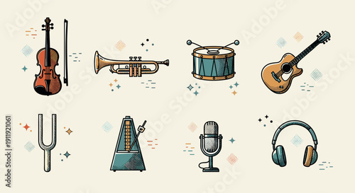 A collection of musical instruments including a violin, trumpet, drum, metronome, microphone, guitar, and headphones in a colorful flat vector style, suitable for music-related projects and branding