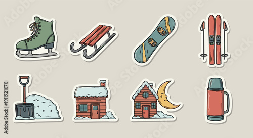 A collection of winter sports icons including skates, sleds, snowboard, skis, and a cozy cabin in colorful flat vector style, perfect for seasonal designs and holiday themes