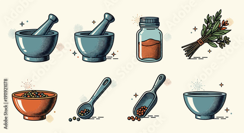 A collection of illustrated mortar and pestle, spice jars, and herbs in colorful modern vector style, perfect for culinary branding and recipe design