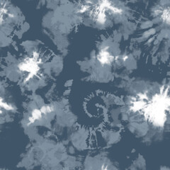 Blue and white tie dye pattern with spiral design on dark background