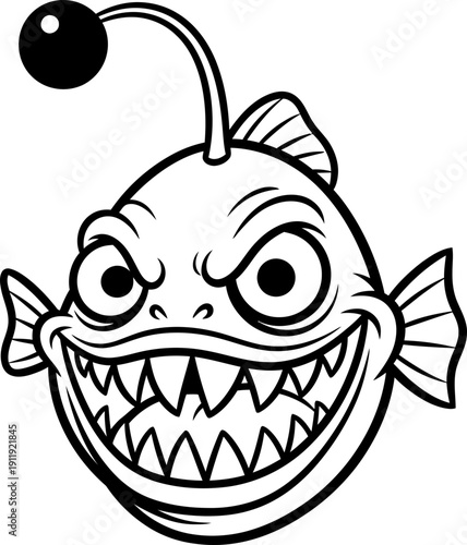Cartoon creepy scary anglerfish with sharp teeth. Deep sea fish monster character. Halloween concept. Vector illustration for sticker, logo, print