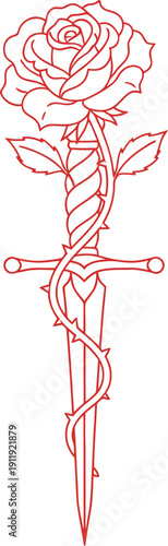 Outline drawing of rose flower with thorny vine wrapped around a sword. Aesthetic symbol for tattoo, emblem, or decoration. Vector illustration