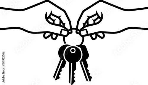 Man hand giving a key ring with keys to another man hand. Concept of property transaction or sharing. Black and white outline vector illustration for web design, app, icon