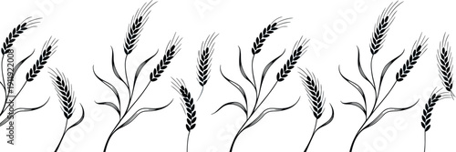 Stylized decorative wheat stalks illustration with black and blue accents, symmetrical agricultural nature design for textile and graphic patterns