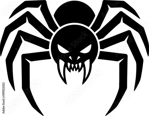Stylized black spider with sharp fangs and angry eyes, a scary insect icon for a Halloween decoration or symbol design concept vector